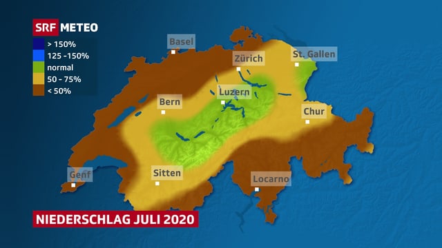 Karte der Schweiz mit der Niederschlagsverteilung im Juli 2020. Karte der Schweiz mit der Niederschlagsverteilung im Juli 2020.