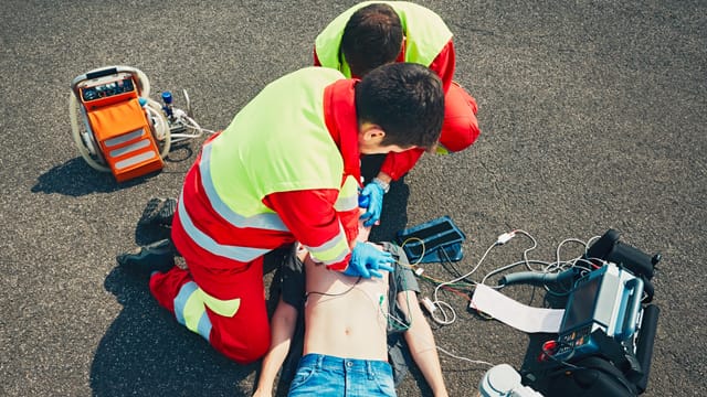 Männer in Rettungsuniformen reanimieren einen Patienten am Boden mit Herzmassage Männer in Rettungsuniformen reanimieren einen Patienten am Boden mit Herzmassage