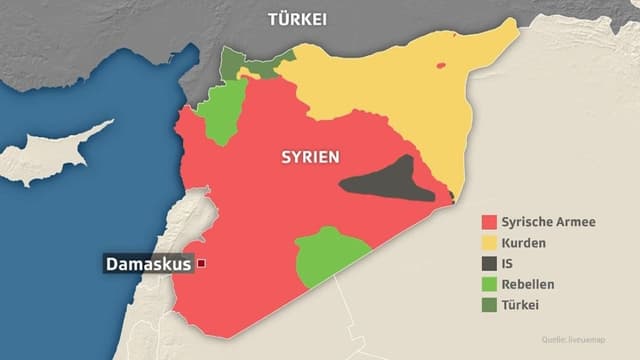 Karte Syriens mit den Gebieten, welche die verschiedenen Interessengruppen im Land besetzen. Karte Syriens mit den Gebieten, welche die verschiedenen Interessengruppen im Land besetzen.