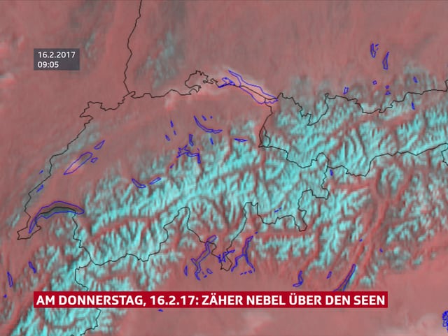 Satellitenbild von der Schweiz: Einzig auf dem Neuenburger- und Bodensee hat es Nebel Satellitenbild von der Schweiz: Einzig auf dem Neuenburger- und Bodensee hat es Nebel
