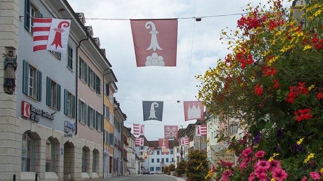 Strasse von Delemont mit Kantons- und Gemeindefahnen Strasse von Delemont mit Kantons- und Gemeindefahnen