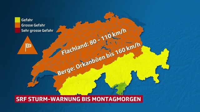 Schweizerkarte, die über weite Teile orange ist, was Windwarnunge Stufe 2/3 bedeutet. Schweizerkarte, die über weite Teile orange ist, was Windwarnunge Stufe 2/3 bedeutet.