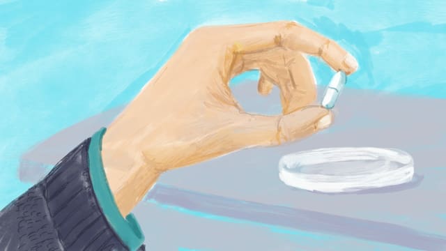 Illustration einre Hand, die eine weisse Pille in den Fingern hält. Illustration einre Hand, die eine weisse Pille in den Fingern hält.