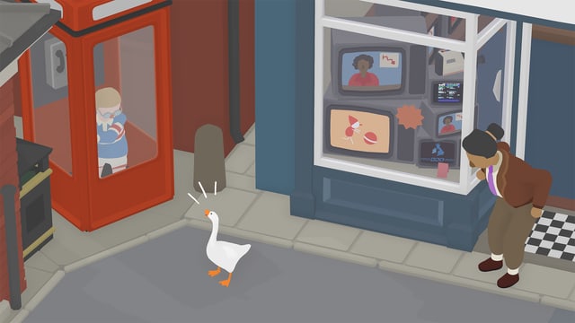 Der Junge versteckt sich vor der Gans in der Telefonkabine. Der Junge versteckt sich vor der Gans in der Telefonkabine.