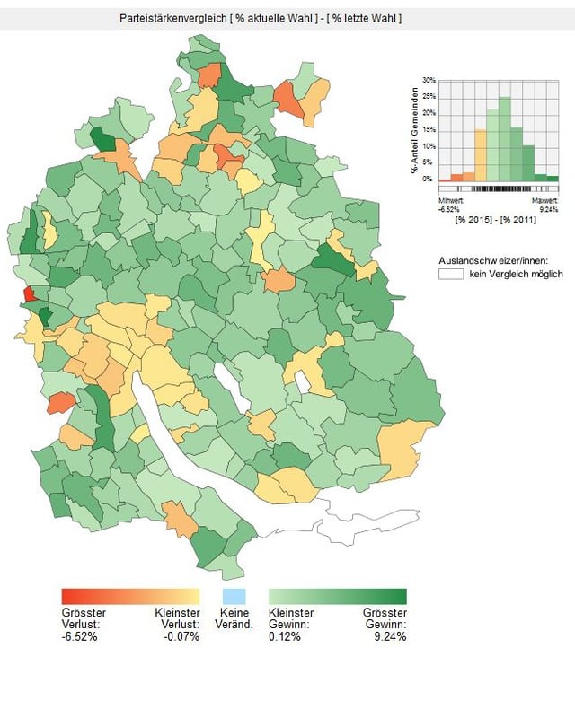 Eine Karte des Kantons Zürich, die zeigt, wo die SVP gewonnen und verloren hat Eine Karte des Kantons Zürich, die zeigt, wo die SVP gewonnen und verloren hat