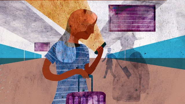Illustration: Eine Frau schaut in ihr Handy. Illustration: Eine Frau schaut in ihr Handy.