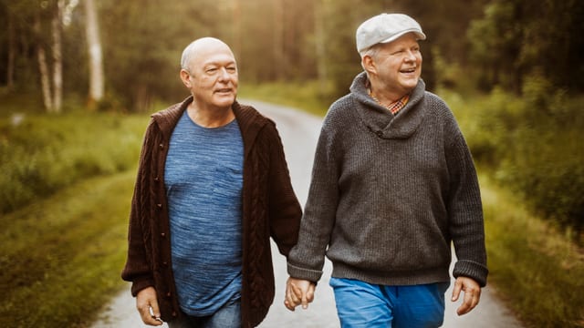 Zwei Männer spazieren Hand-in-Hand auf einem Waldweg. Zwei Männer spazieren Hand-in-Hand auf einem Waldweg.