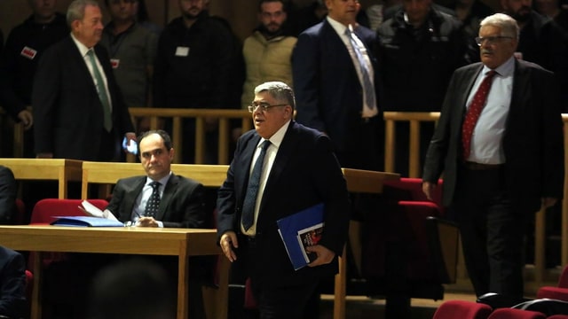 Michaloliakos beim Prozess in Athen, 2015 Michaloliakos beim Prozess in Athen, 2015