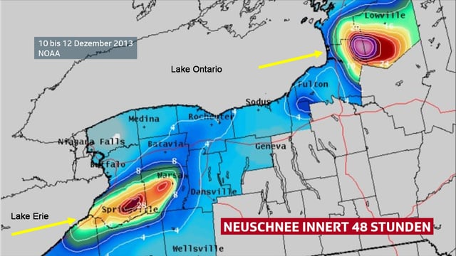 Auf einer Karte sind die Neuschneemengen innert 48 Stunden aufgezeichnet. Im Nordosten der Seen liegt auf kleinem Raum deutlich mehr Neuschnee als sonst. Auf einer Karte sind die Neuschneemengen innert 48 Stunden aufgezeichnet. Im Nordosten der Seen liegt auf kleinem Raum deutlich mehr Neuschnee als sonst.