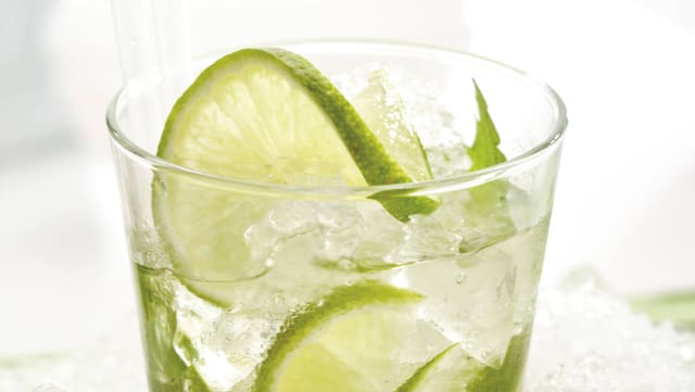 Ein Glas mit Zitrone, einem Getränk und Eiswürfeln. Ein Glas mit Zitrone, einem Getränk und Eiswürfeln.