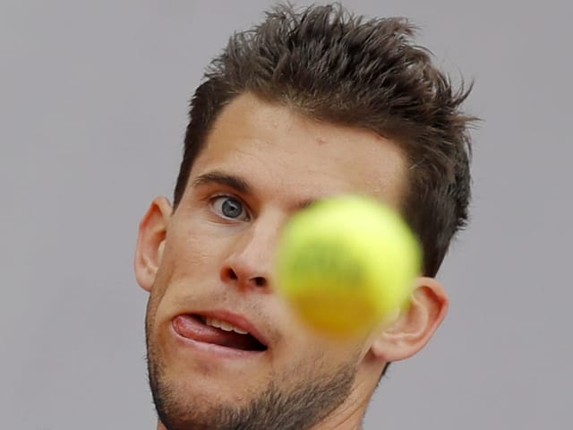Grossaufnahme von Dominic Thiem am Ball. Grossaufnahme von Dominic Thiem am Ball.