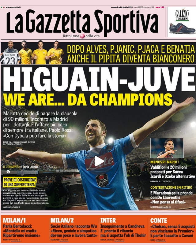 Higuain auf der Titelseite der Gazzetta Sportiva Higuain auf der Titelseite der Gazzetta Sportiva