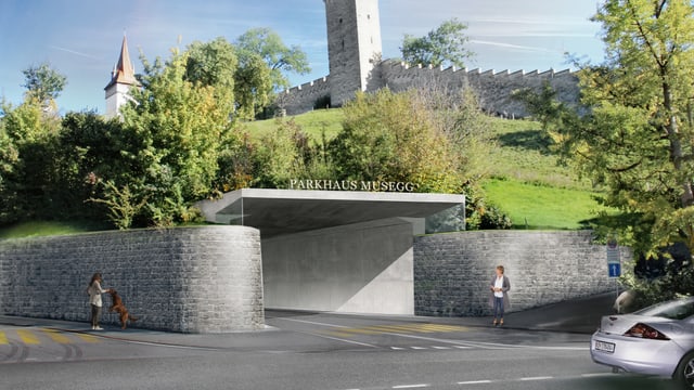 Eine Visualisierung zeigt, wie die Einfahrt des Parkhauses dereinst aussehen könnte. Im Hintergrund die Museggtürme. Eine Visualisierung zeigt, wie die Einfahrt des Parkhauses dereinst aussehen könnte. Im Hintergrund die Museggtürme.
