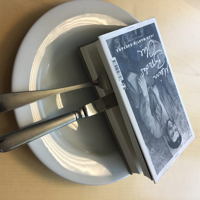 Das Buch «Mein Bruder Che» von Juan Martin Guevara liegt auf einem weissen Teller, das Besteck steckt mitten drin Das Buch «Mein Bruder Che» von Juan Martin Guevara liegt auf einem weissen Teller, das Besteck steckt mitten drin