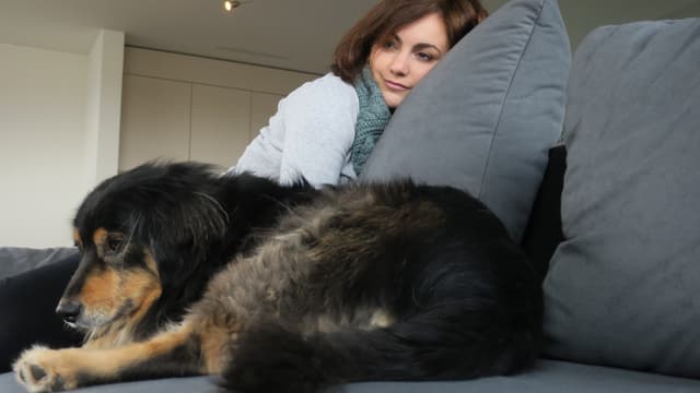 Jessica sitzt auf dem Sofa mit einem Hund. Jessica sitzt auf dem Sofa mit einem Hund.