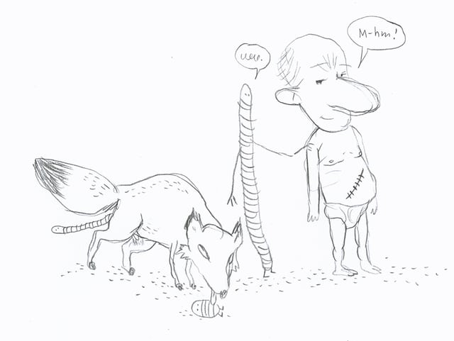 Illustration mit einem Fuchs, Bandwürmern und Ruedi Banz. Illustration mit einem Fuchs, Bandwürmern und Ruedi Banz.