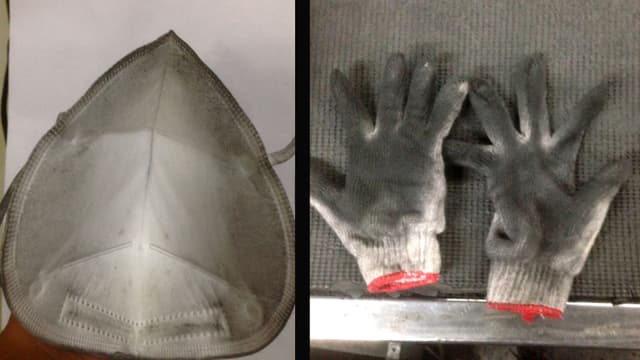 Verdrechter Mundschutz und verdreckte Handschuhe. Verdrechter Mundschutz und verdreckte Handschuhe.