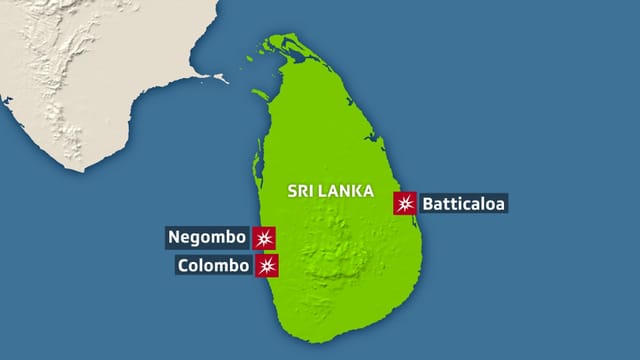 Grafik. Karte von Sri Lanka, drei Städte sind eingezeichnet. Grafik. Karte von Sri Lanka, drei Städte sind eingezeichnet.