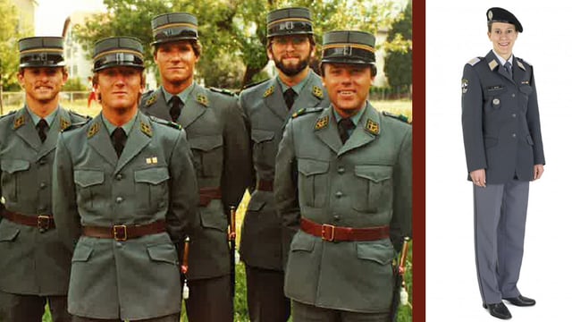 Gruppenbild mit fünf Leutnants in alter Uniform, daneben eine Soldatin mit neuer Ausgeh-Uniform. Gruppenbild mit fünf Leutnants in alter Uniform, daneben eine Soldatin mit neuer Ausgeh-Uniform.