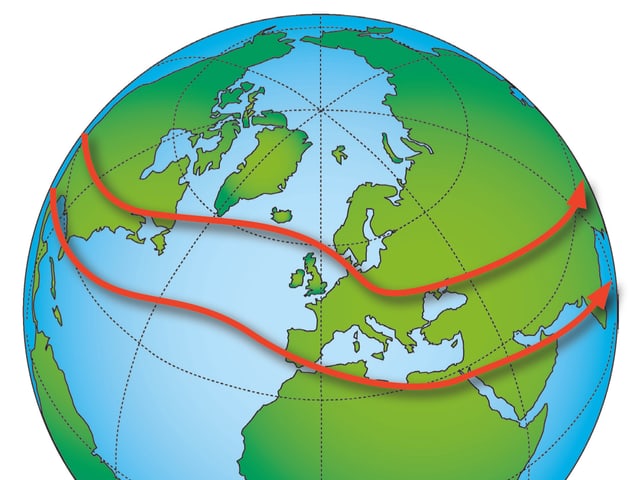 Globus mit zwei roten Pfeilen, den Jetstreams. Globus mit zwei roten Pfeilen, den Jetstreams.