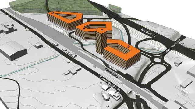Ein gezeichneter Plan, in der Mitte sind vier Gebäude orange eingefärbt. Ein gezeichneter Plan, in der Mitte sind vier Gebäude orange eingefärbt.