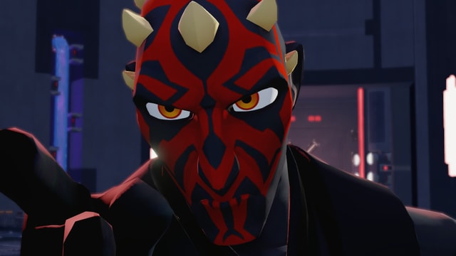 Die Figur Darth Maul schaut grimmig drein. Die Figur Darth Maul schaut grimmig drein.