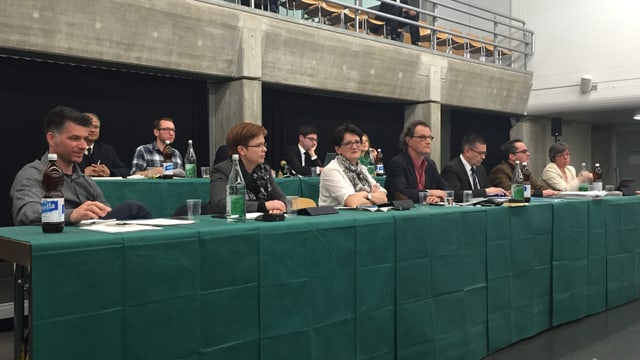 Stadrat inklusive Geri Müller hinter Tisch mit grünem Tischtuch. Stadrat inklusive Geri Müller hinter Tisch mit grünem Tischtuch.