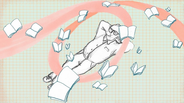 Zeichnung: Dürrenmatt liegt auf dem Rücken auf einer Wiese, über ihm fliegen Bücher wie Schmetterlinge durch die Luft.