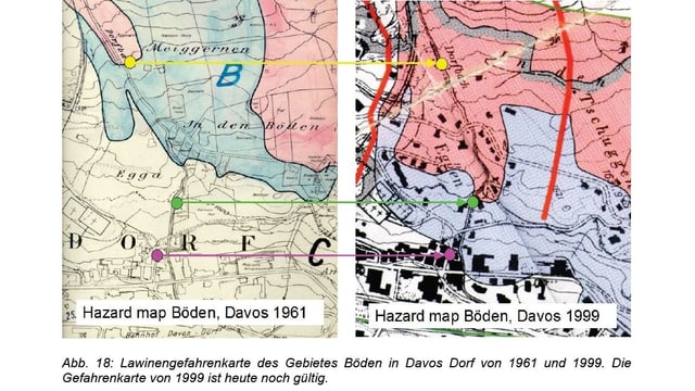 Zwei Gefahrenkarten mit roten und blauen Zonen im historischen Vergleich. Zwei Gefahrenkarten mit roten und blauen Zonen im historischen Vergleich.