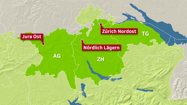 Karte mit den drei möglichen Standorten für ein Endlager. Karte mit den drei möglichen Standorten für ein Endlager.
