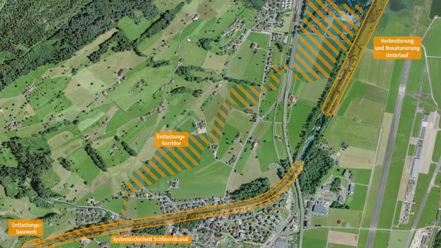 Übersichtskarte über die geplanten Massnahmen gegen Hochwasser in Alpnach. Übersichtskarte über die geplanten Massnahmen gegen Hochwasser in Alpnach.