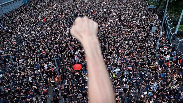 Massenhaft Protestierende. Im Vordergrund eine geballte Hand. Massenhaft Protestierende. Im Vordergrund eine geballte Hand.