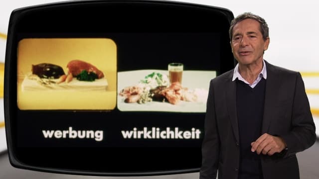 Roger Schawinski vor Bild mit Bestandteilen von Katzenfutter: Werbung und Wirklichkeit Roger Schawinski vor Bild mit Bestandteilen von Katzenfutter: Werbung und Wirklichkeit