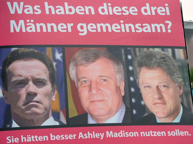 Drei prominente Fremdgeher auf einer Werbung von Ashley Madison. Drei prominente Fremdgeher auf einer Werbung von Ashley Madison.