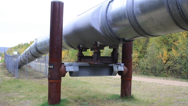 Über weite Teile der Strecke steht die Trans-Alaska-Pipeline auf Stützen. So kann verhindert werden, dass sie in den Permafrost einsinkt. die Sützen sind isoliert, so dass keine Wärme in den Boden geleitet wird. Über weite Teile der Strecke steht die Trans-Alaska-Pipeline auf Stützen. So kann verhindert werden, dass sie in den Permafrost einsinkt. die Sützen sind isoliert, so dass keine Wärme in den Boden geleitet wird.