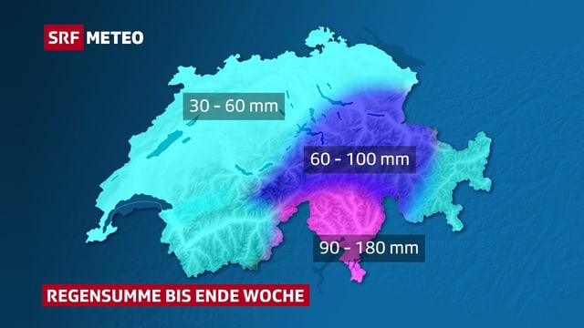 Auf einer Schweizer Karte sind die Regenmengen bis Ende Woche eingezeichnet. Mit 90 bis 180 mm Niederschlag steht dem Tessin eine grosse Menge Regenwasser bevor. Auf einer Schweizer Karte sind die Regenmengen bis Ende Woche eingezeichnet. Mit 90 bis 180 mm Niederschlag steht dem Tessin eine grosse Menge Regenwasser bevor.