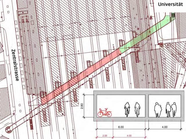 Übersichtsplan zur Personenunterführung und dem geplanten Velotunnel beim Bahnhof Luzern. Übersichtsplan zur Personenunterführung und dem geplanten Velotunnel beim Bahnhof Luzern.