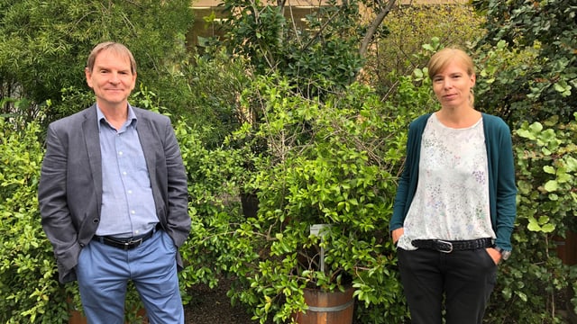 Stadtrat Peter Jans, Chef der Technischen Betriebe und Karin Hungerbühler, Leiterin der städtischen Dienststelle Umwelt und Energie – mit Corona-Abstand – im Botanischen Garten St. Gallen. Stadtrat Peter Jans, Chef der Technischen Betriebe und Karin Hungerbühler, Leiterin der städtischen Dienststelle Umwelt und Energie – mit Corona-Abstand – im Botanischen Garten St. Gallen.