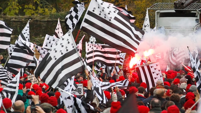 Demonstrationszug, fast alle Teilnehmenden tragen rote Mützen und schenken schwar-weiss gestreifte Fahnen. Demonstrationszug, fast alle Teilnehmenden tragen rote Mützen und schenken schwar-weiss gestreifte Fahnen.