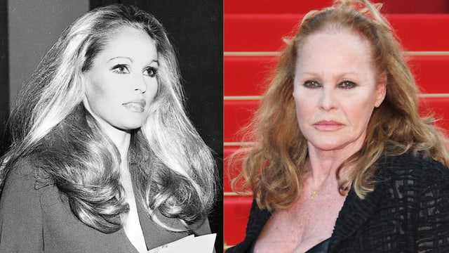Zwei Porträt-Bilder von Ursula Andress nebeneinander gestellt. Links mit offenen Haaren in schwarz-weiss. Rechts mit offenen Haaren in Farbe. Zwei Porträt-Bilder von Ursula Andress nebeneinander gestellt. Links mit offenen Haaren in schwarz-weiss. Rechts mit offenen Haaren in Farbe.