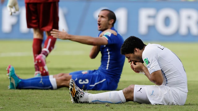 Luis Suarez und Giorgio Chiellini sitzen am Boden. Luis Suarez und Giorgio Chiellini sitzen am Boden.