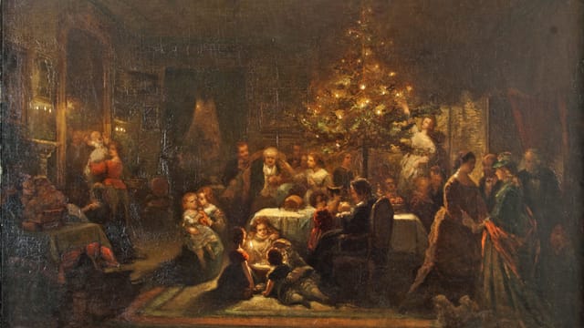 Ein Gemälde, das eine Weihnachtsfeier um 1850 zeigt. Ein Gemälde, das eine Weihnachtsfeier um 1850 zeigt.