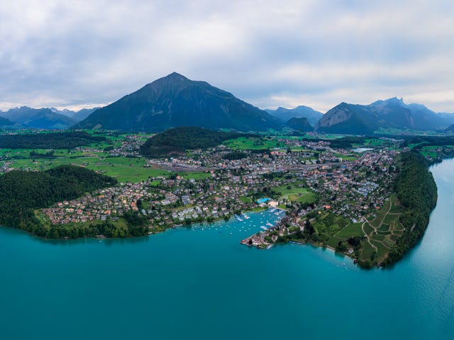 Herrliche Aussicht auf Stadt Spiez und die mit Booten bestückte Bucht. Im Vordergrund der türkisfarbene Thunersee, am Horizont die Bergpyramide des Niesens.