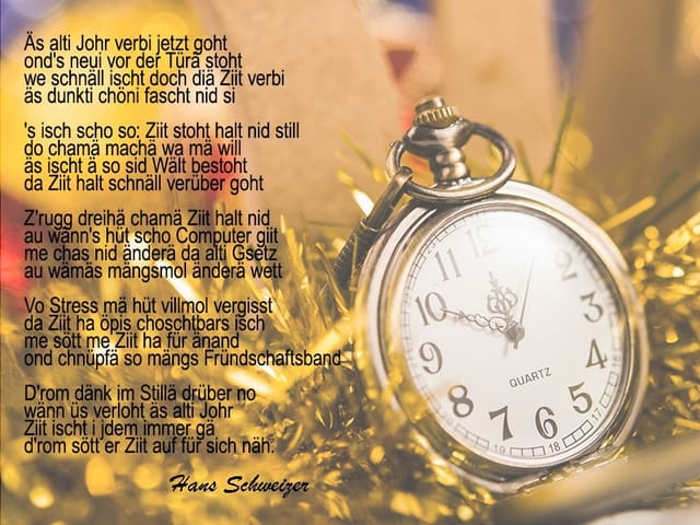 Ein Gedicht auf einem Bild mit einer Taschenuhr.
