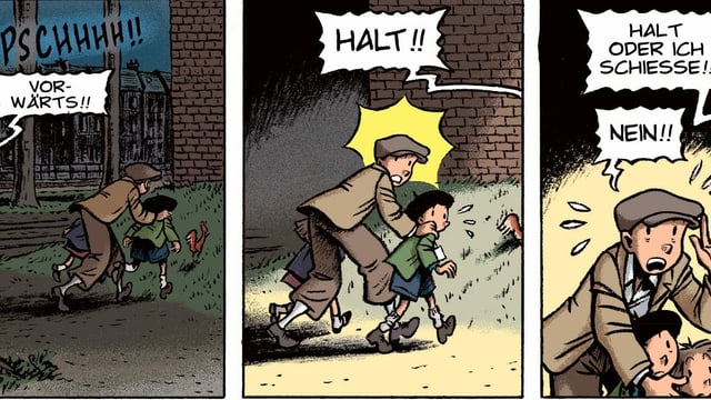 Spirou rennt mit zwei jüdischen Kindern in Deckung, ein Soldat hält sie an und droht zu schiessen. Spirou rennt mit zwei jüdischen Kindern in Deckung, ein Soldat hält sie an und droht zu schiessen.