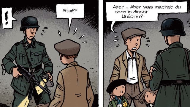 Ein uniformierter Nazi richtet seine Waffe auf Spirou, der zwei jüdische Kinder bei sich hat. Ein uniformierter Nazi richtet seine Waffe auf Spirou, der zwei jüdische Kinder bei sich hat.