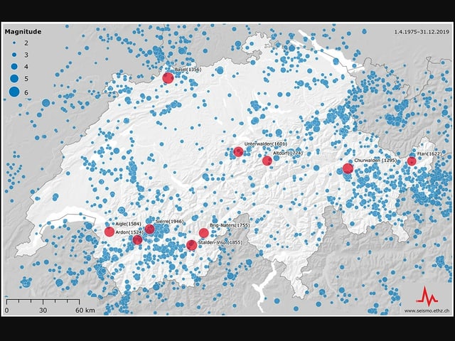 Il pli ferm terratrembel en il nord da las alps ha giu lieu a Basilea dal 1356. La carta mussa ils 10 pli ferms terratrembels en Svizra dals ultims millennis (cotschen). Era da vesair èn ils epicenters dals terratrembels dal 1975-2018 cun ina fermezza pli ferma che 2. Il pli ferm terratrembel en il nord da las alps ha giu lieu a Basilea dal 1356. La carta mussa ils 10 pli ferms terratrembels en Svizra dals ultims millennis (cotschen). Era da vesair èn ils epicenters dals terratrembels dal 1975-2018 cun ina fermezza pli ferma che 2.