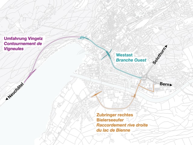 Stadtplan mit eingezeichneten Linien Westast, Zubringer rechtes Bielerseeufer und Umfahrung Vingelz Stadtplan mit eingezeichneten Linien Westast, Zubringer rechtes Bielerseeufer und Umfahrung Vingelz