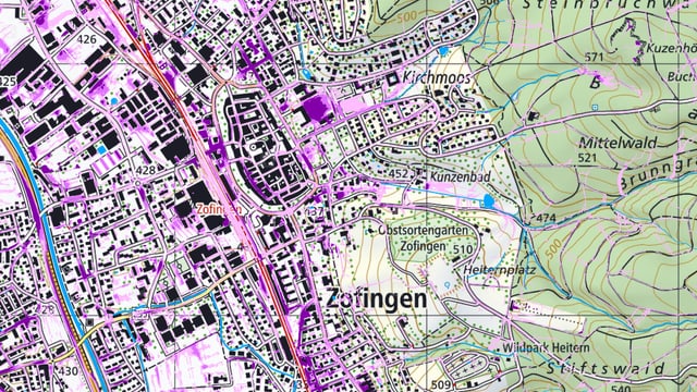 Karte von Zofingen mit den Gefährdungseinzeichnungen Karte von Zofingen mit den Gefährdungseinzeichnungen