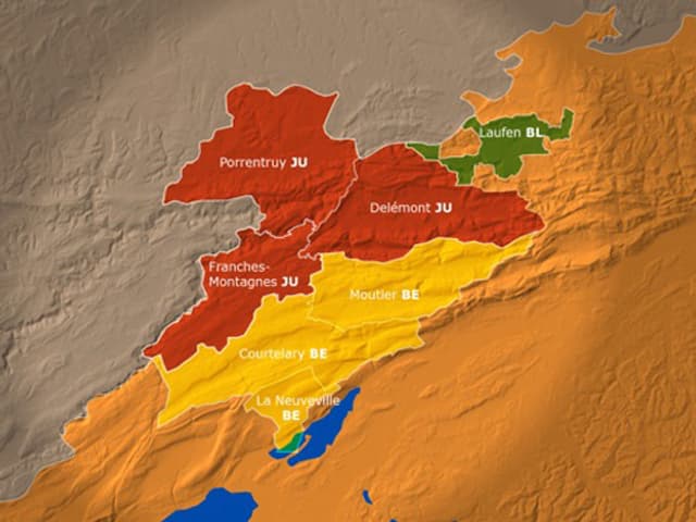Karte des Jura mit Aufteilung der verschiedenen Bezirke, die zu einem gemeinsamen Kanton zusammengefügt würden. Karte des Jura mit Aufteilung der verschiedenen Bezirke, die zu einem gemeinsamen Kanton zusammengefügt würden.